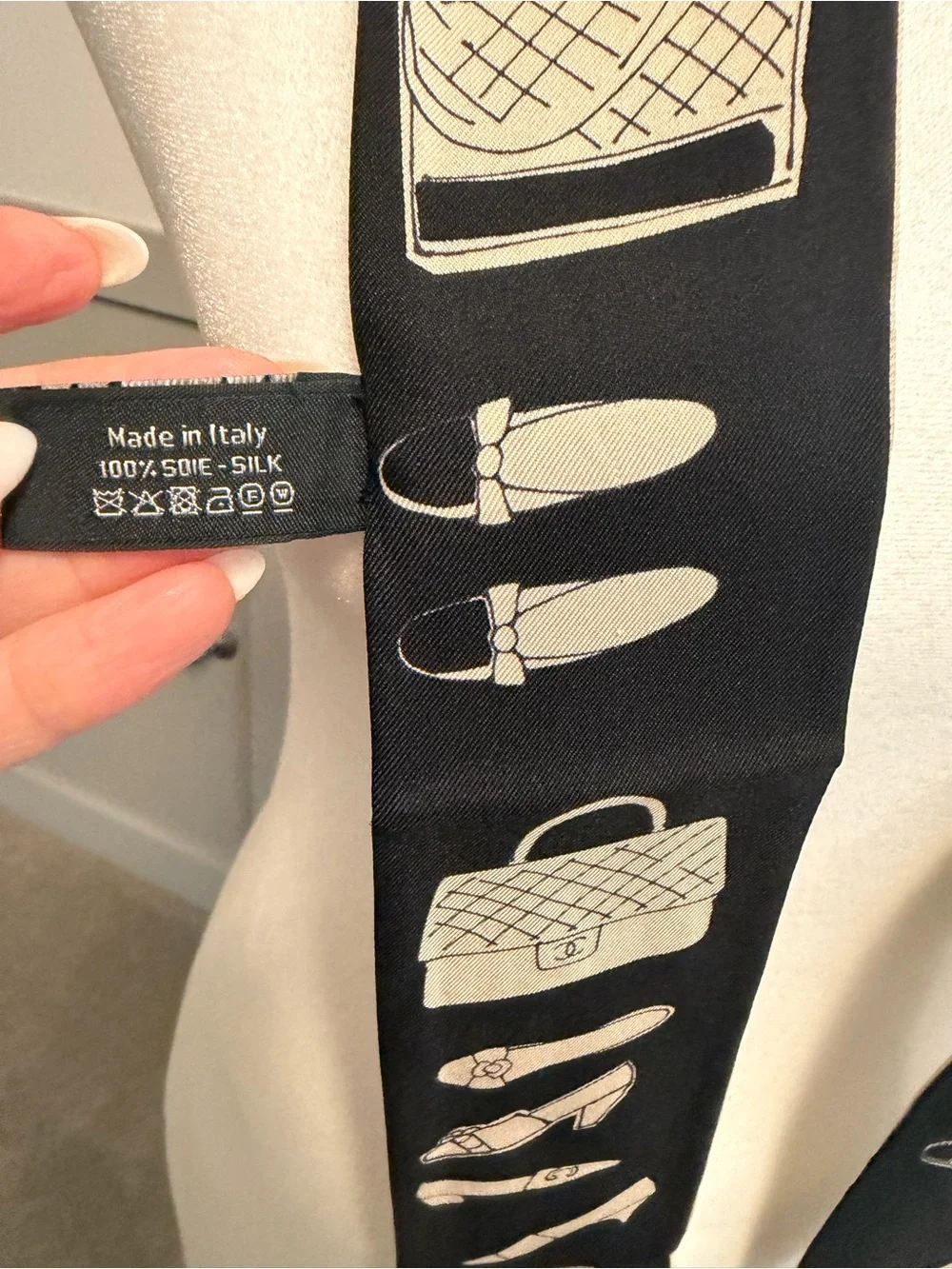 CHANEL Beige and Black Silk Twilly Scarf with Iconic Motifs